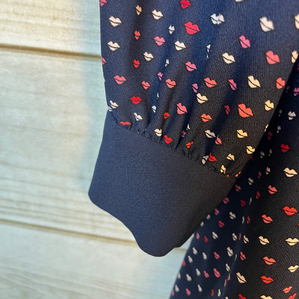 Kate Spade New York Navy Lip Lips Crepe Print Button Front Long Sleeve Dress 6 - Picture 4 of 8